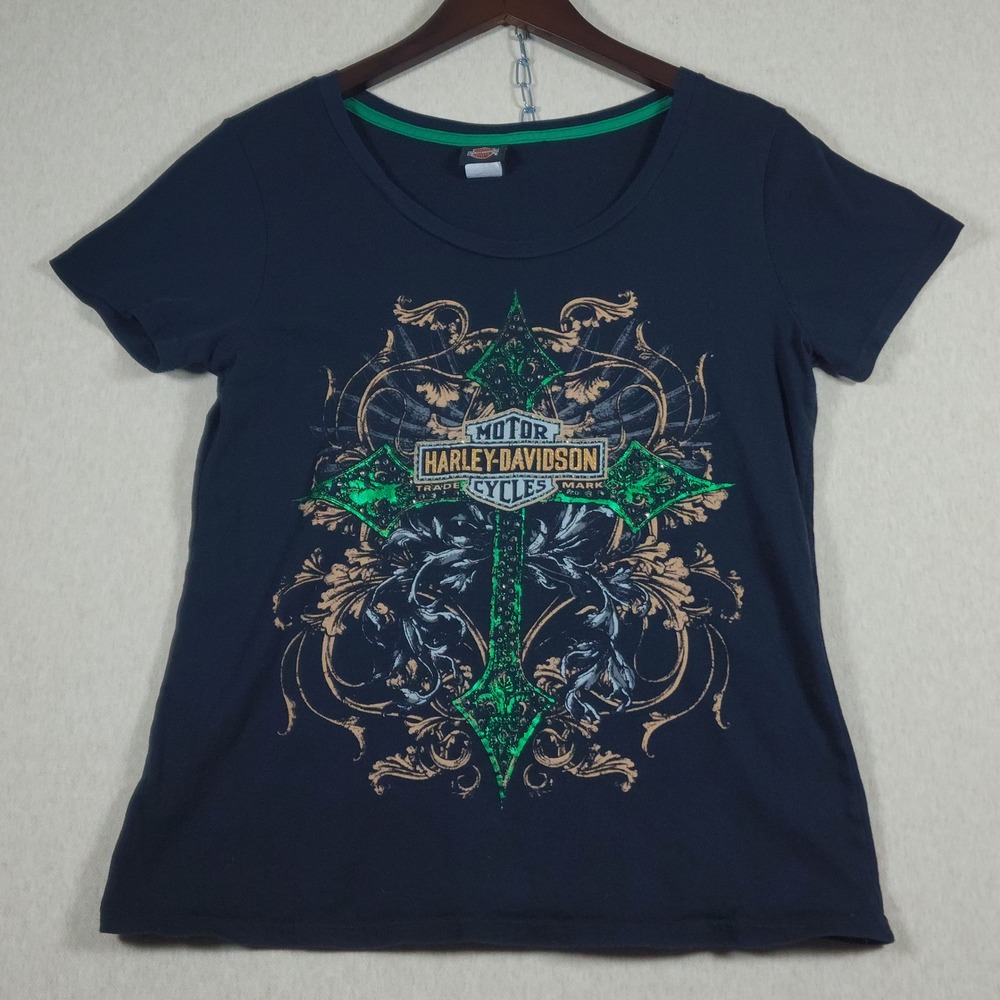Harley Davidson Rhinestone Studded Green Foil Cross Scoop Neck T Shirt Womens M